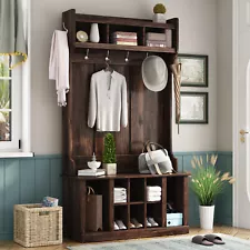 3-in-1 Entryway Wooden Hall Tree With 6 Hooks & Bench & 11 Open Compartments