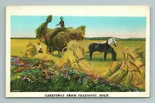 Greetings From Freemont Hay Horses Field Work Wagon Michigan MI Postcard