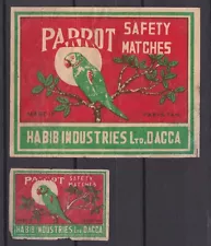 Old matchbox labels Pakistan, Parrot Habib Industries Ltd. PACKET & BOX SIZE