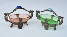 Scarce Pair of Czech Intaglio Glass Salt Cellars with metal mounts, 1920s