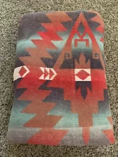 Vintage Camp Blanket Reversible Wool Blend Southwest Aztec Design 68x66” Fraying