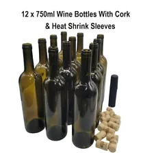 12 x 750ml Antique Green Glass Claret Bottles Cork Neck with corks & Seal