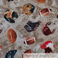 BonEful FABRIC FQ Cotton Quilt VTG Brown Tan Antique Leather Football Boy Helmet