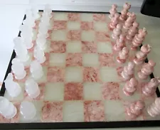 Vintage Aztec Pink & White Onyx Marble Chess Set Complete Game 13.5"x13.5"~NIB