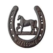 Rustic Cast Iron Lucky Horseshoe Horse Welcome Wall Decor Sign 7.25 x 6.5 inch