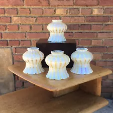 SET of 4 Matching Quezal SIGNED Art Glass Lamp Shades RARE GOLD ZIPPER Pattern