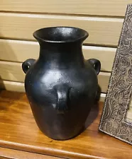 Vintage Mexican Black Pottery Vase Pot 3 Handle Jug 8" Oaxaca Style Rustic