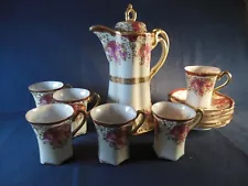 Antique Chocolate Pot Tea Set with 6 Cups/5 Saucers Hand Painted Porcelain