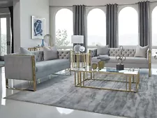 NEW Modern Glam Living Room Furniture Tufted Gray Velvet Sofa Loveseat Set IG7W