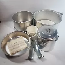 Vintage Mirro Aluminum Camping Kit Plates Pots And Pans For 4 People M4352