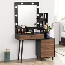 Wood Vanity Table with Lighted Mirror, Vintage Makeup Dressing Table with Drawer