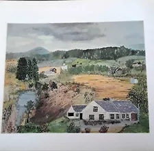 Grandma Moses, American Folk Art Print "HOUSE BY POND" 12x13