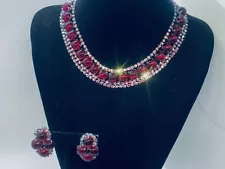 VTG. JULIANA DEMI RED GRIPOIX & AB RHINESTONE RHODIUM NECKLACE & EARRINGS 419