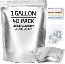 40pc Mylar Bags for Food Storage With Oxygen Absorbers Label Resealable 1 Gallon