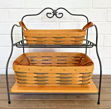 Longaberger Wrought Iron 2 Tier Baker's Rack w 1 Wood Shelf, 2 Heartland Baskets