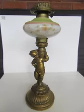 Antique Gilded Cherub w/ Painted Green & Floral Font GWTW Banquet Lamp Base