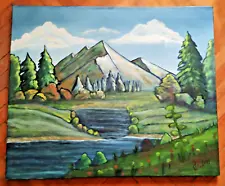 Bob Ross motive oil painting expressionism style trees mountain river landscape