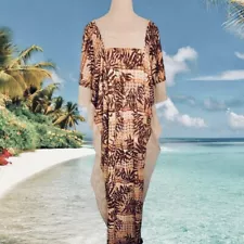 Vintage Kaftan One Size Brown Batik Lace Accent Tropical Ferns Long Maxi MuuMuu