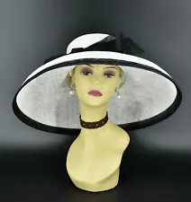 M22025( white Black hat) Audrey Hepburn Hat 19.75" Jumbo Wide Brim Sinamay Hat