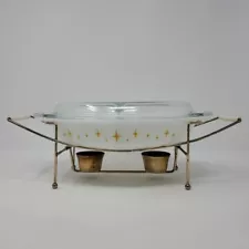 1959 Pyrex 1.5 Qt Constellation Atomic Starburst Divided Dish Lid Warming Stand