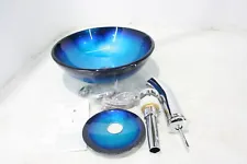 MEKKHALA Bathroom Tempered Glass Vessel Sink Black Blue Round Wash Basin Bowl