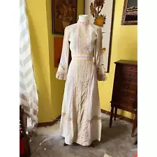 Vintage Bridal Gown Dress Embroidered Lace 70s Boho Pink