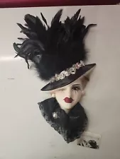 Very Unique Creation Lady Face Mask Black & White Feathers Red Lips Brooch Lace