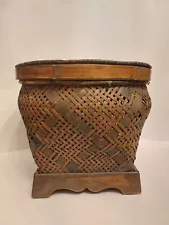 Vintage 10.5" D x 8.5" H Chinese Woven Rattan Covered Basket Excellent Condition