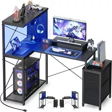 L Shaped Gaming Desk with 2 Fabric Drawers - Reversible Computer Desk with Po...