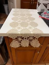 Vintage Hand Crochet Lace Table Runner Dresser SCARF 13.5" X 48" BEIGE