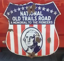 AUTHENTIC 1930'S NATIONAL OLD TRAILS ROAD PORCELAIN ROAD HIGHWAY SIGN