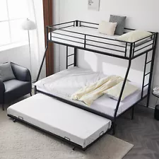 Twin Over Twin Bunk Bed with Trundle, Metal Twin Bed with Safety Guard Rail