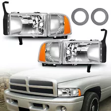 Headlights For 1994-2002 Dodge Ram 1500 2500 3500 Chrome Housing Headlamps LH+RH