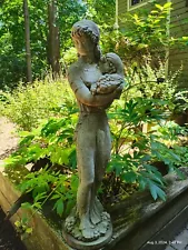 Vintage Cement Girl w/Basket of Grapes Garden Statue