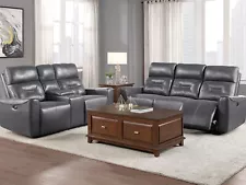 ON SALE - Gray Faux Leather Power Reclining Living Room Sofa Loveseat Set IF6N