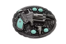 Men Western Belt Buckle Silver Metal Revolver Pistol Gun Feather Bull Turquoise