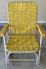 Outdoor Folding Webbed Rocking Chair Lawn w Plastic Arms Yellow Vintage Retro