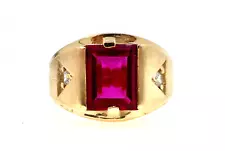 10K YELLOW GOLD EMERALD CUT RUBY AND DIAMOND MENS RING