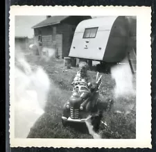 Vintage Photo CHILDREN RIDE IN VINTAGE FIRE TRUCK PEDAL CAR TRAVEL TRAILER '50's