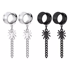 2 Pairs Stainless Steel Dangle Chain Spider Ear Tunnels Earrings Gauges 0G