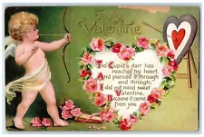 1911 Valentine Angel Cupid Bow And Arrow Heart Flowers Embossed Antique Postcard