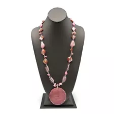 Pink Mother Of Pearl, Glass Foil & Acrylic Bead Round Pendant Fashion Necklace