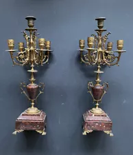 Antique Pair Of Brass Candelabras On Marble Base