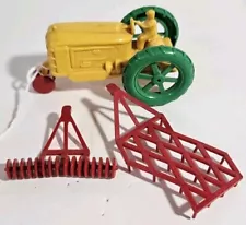 HTF Vintage ALLIED Plastic Tractor Farm Set w. Tiller & Drag Chain Harrow Scarce