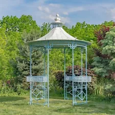 11.6ft. Tall Opulent Round Metal Gazebo with Side Walls & Planters in Light Blue