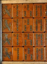 Two tones Bakelite Mahjong Set 148 Orange And Black Tiles Rare, Collectable.