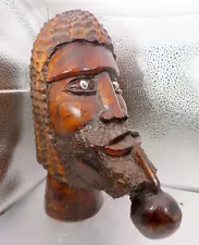 Large Solid Wood Hand Carved Rasta Jamaican Man Smoking Pipe, 12" Tall, 3.5 lbs