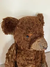 Antique /Vintage Brown Teddy Bear 16” Shoe Button Eyes Hinged