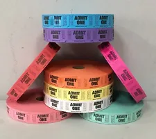 Admit One Tickets 1 Roll of 2000 each Carnival Fun Fair Festival 8 Colors Raffle