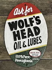 WOLF'S HEAD Oil & Lubes 100% Pure Pennsylvania Motor Oil 1955 Cast Iron Sign